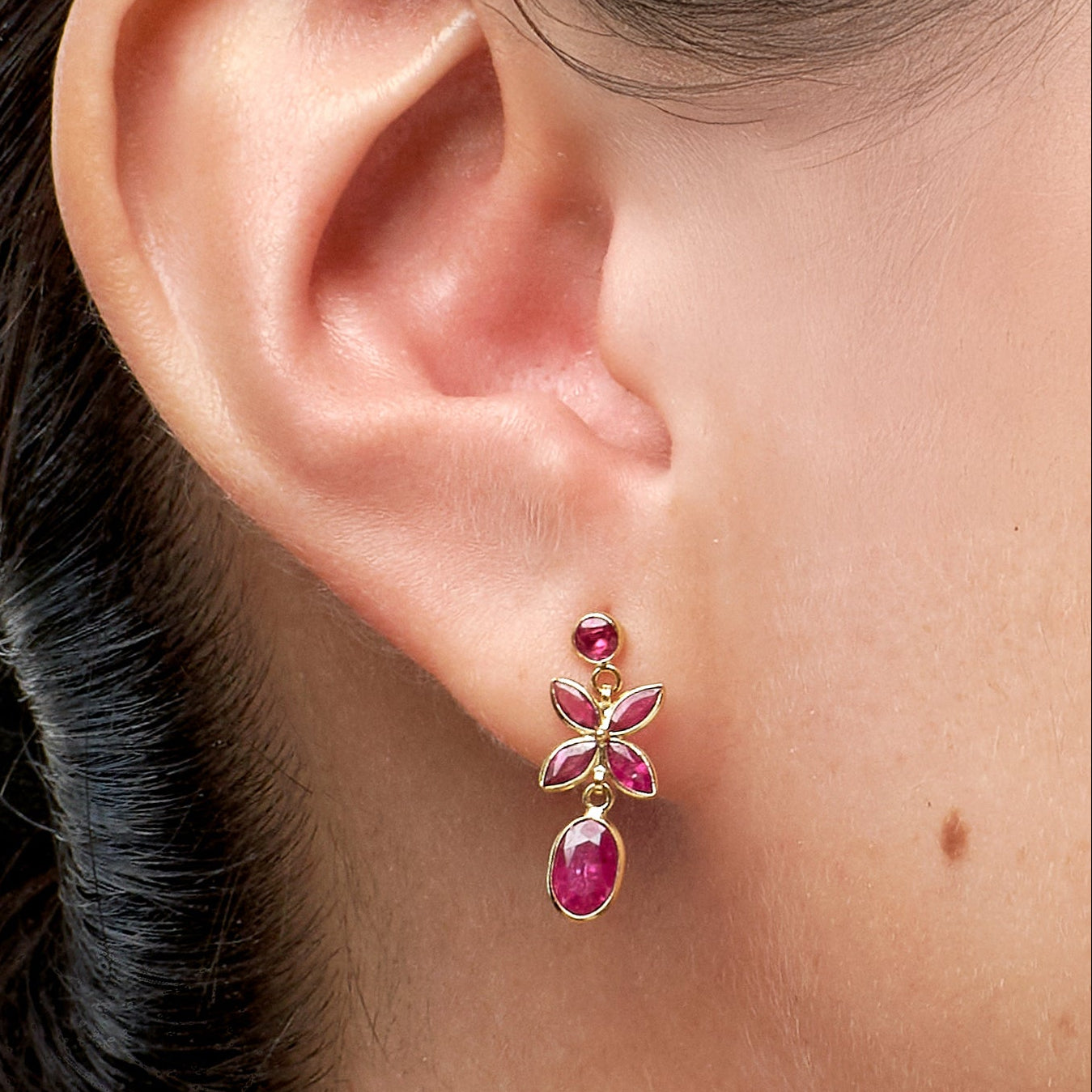 Ruby Flower Drop Earrings in 18K Yellow Gold