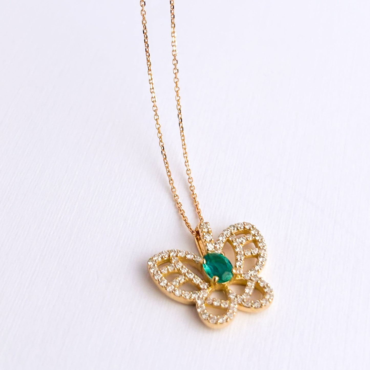 Butterfly Openwork Natural Diamond and Emerald Necklace in 18K Gold