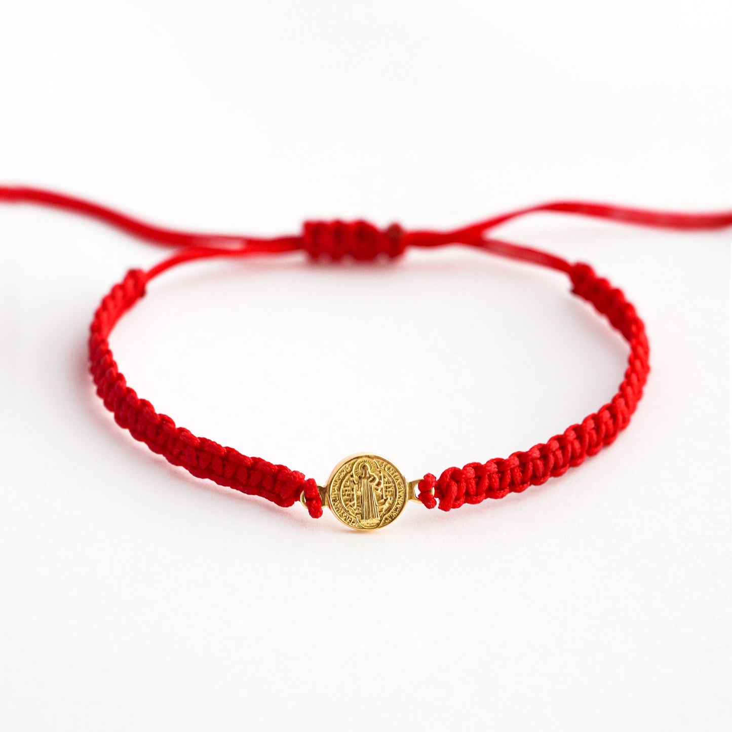 Handwoven Thread Bracelet with Saint Benedict Medal in 18K Gold