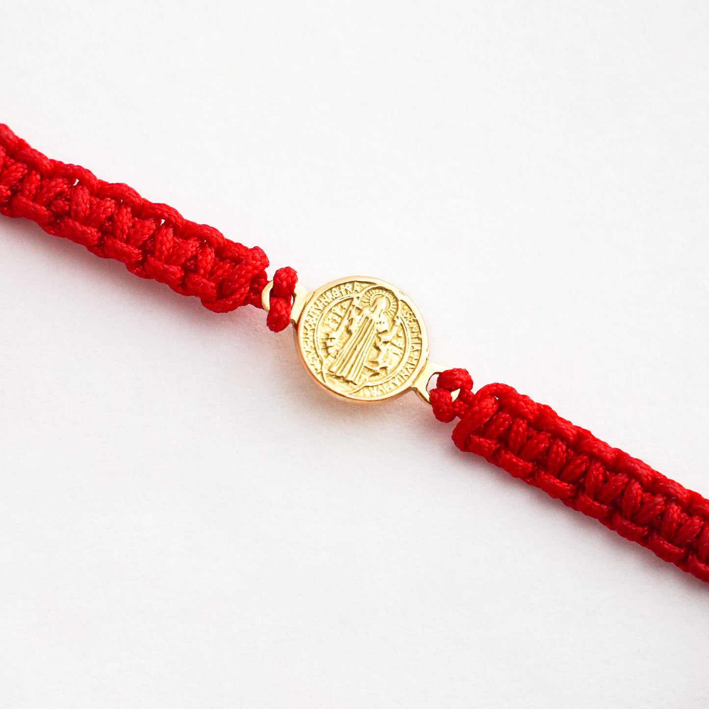 Handwoven Thread Bracelet with Saint Benedict Medal in 18K Gold