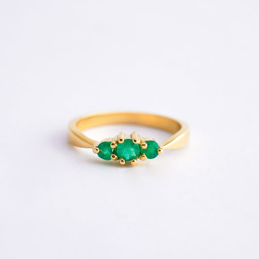 Three Stone Natural Emerald Ring in 18K Gold