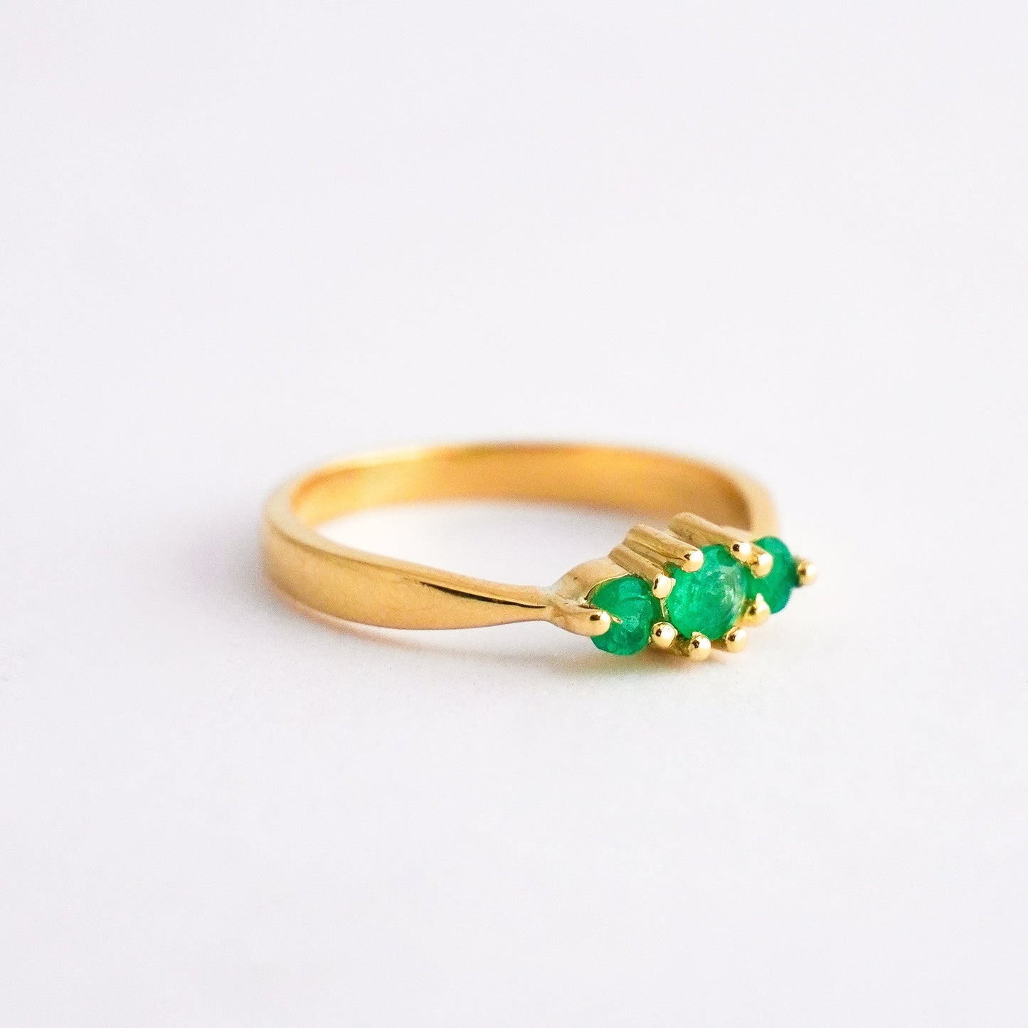 Three Stone Natural Emerald Ring in 18K Gold