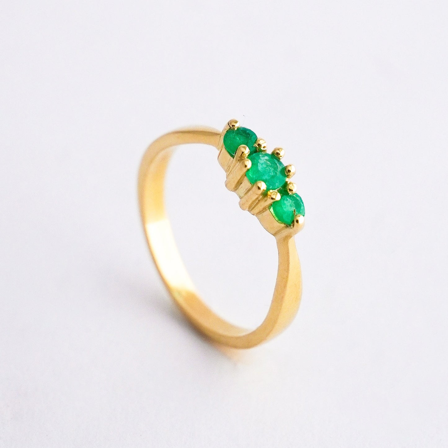 Three Stone Natural Emerald Ring in 18K Gold
