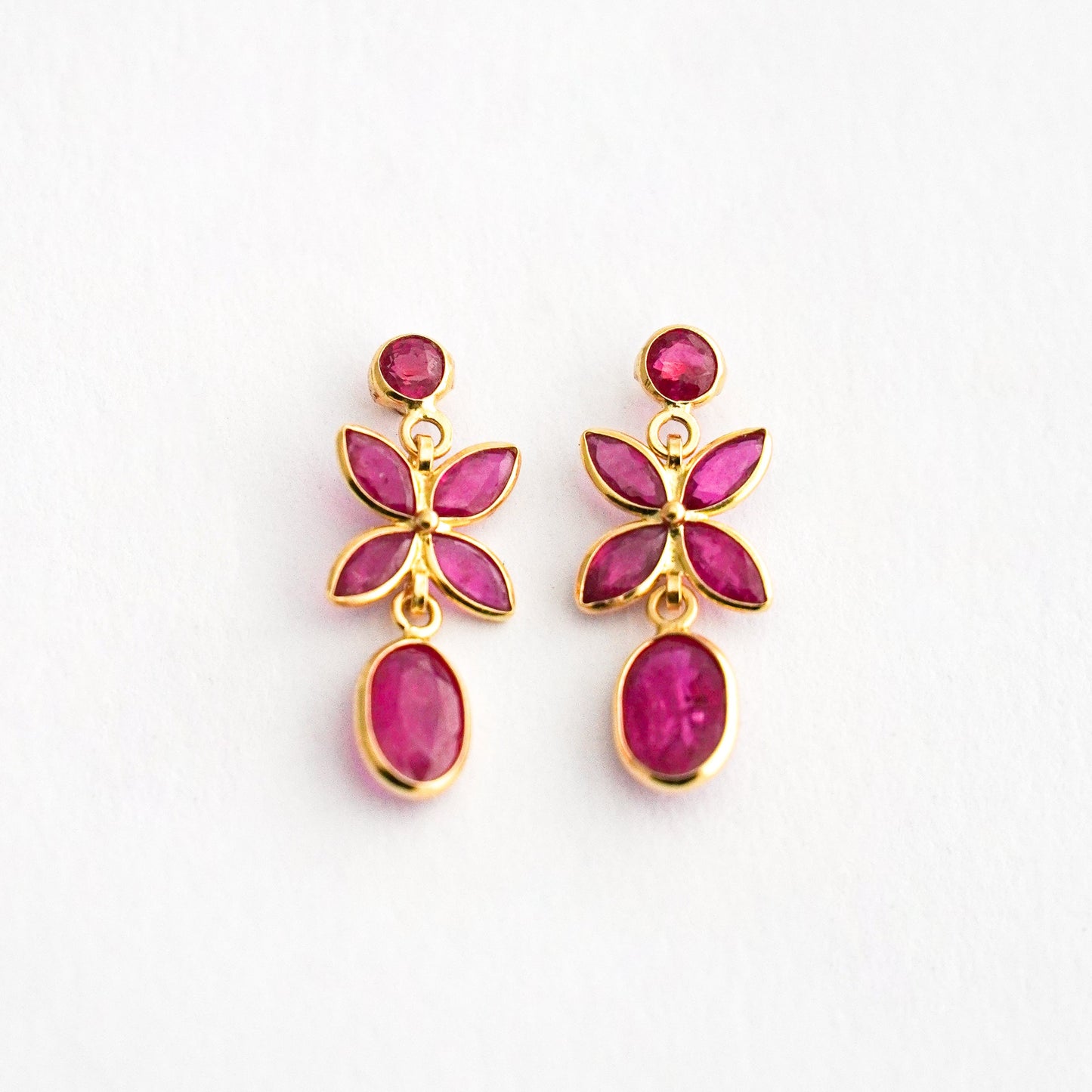 Ruby Flower Drop Earrings in 18K Yellow Gold