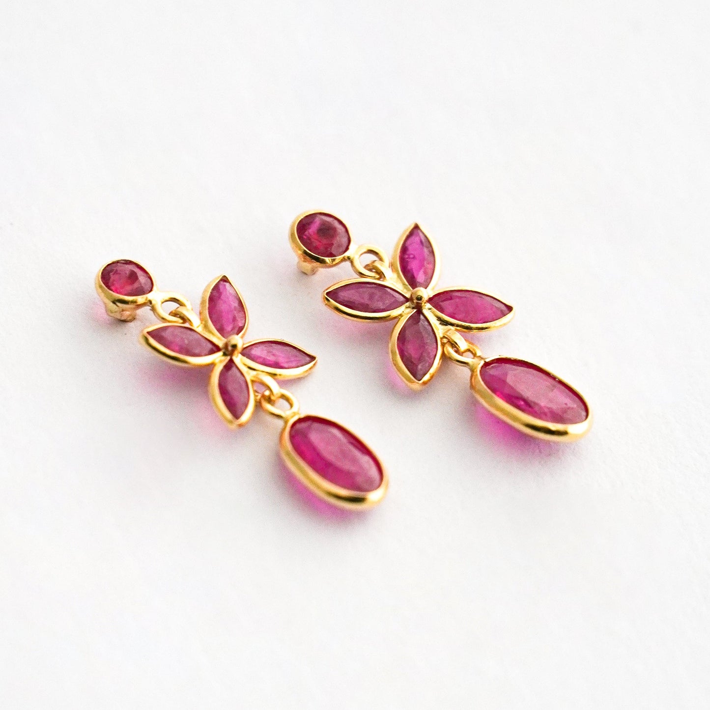 Ruby Flower Drop Earrings in 18K Yellow Gold
