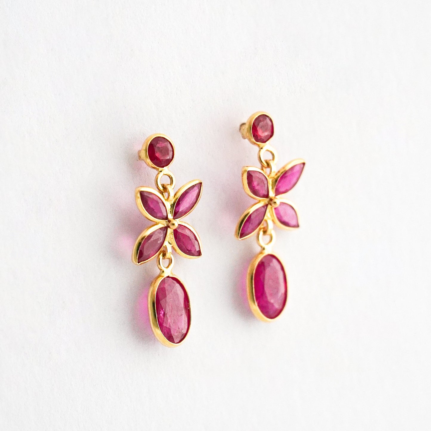 Ruby Flower Drop Earrings in 18K Yellow Gold